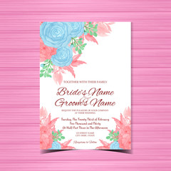 romantic wedding invitation with beautiful blue roses and pink succulent