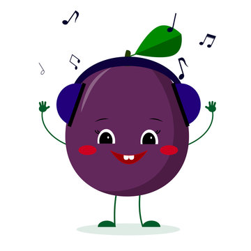 Kawaii cute plum purple fruit cartoon character in glasses dances to music. Logo, template, design. Vector illustration, a flat style