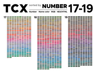 Color table Pantone of the Fashion, Home and Interiors colors sorted by number. Palette with number, named swatches, chart conform to pantone RGB, HTML and HEX description