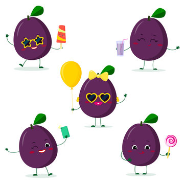 A set of five Kawaii cute plum purple fruit in cartoon style. In glasses with ice cream, with a balloon, with a lollipop, with juice, with a selfie phone. Flat, Vector illustration