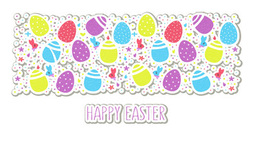 Vector illustration of Happy Easter text for template invitations, greeting cards.  Text on colorful eggs, flowers, festive confetti, hares and chickens background for poster, badge, banner, icon.