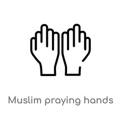 Obraz premium outline muslim praying hands vector icon. isolated black simple line element illustration from religion-2 concept. editable vector stroke muslim praying hands icon on white background
