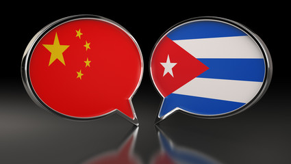 China and Cuba flags with Speech Bubbles. 3D Illustration
