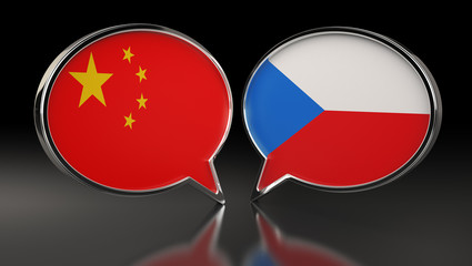 China and Czech Republic flags with Speech Bubbles. 3D Illustration