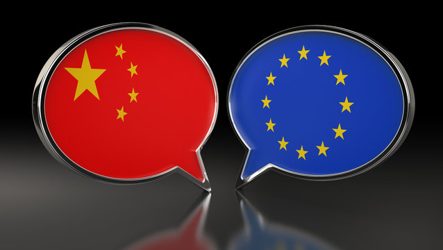 China and European Union flags with Speech Bubbles. 3D Illustration