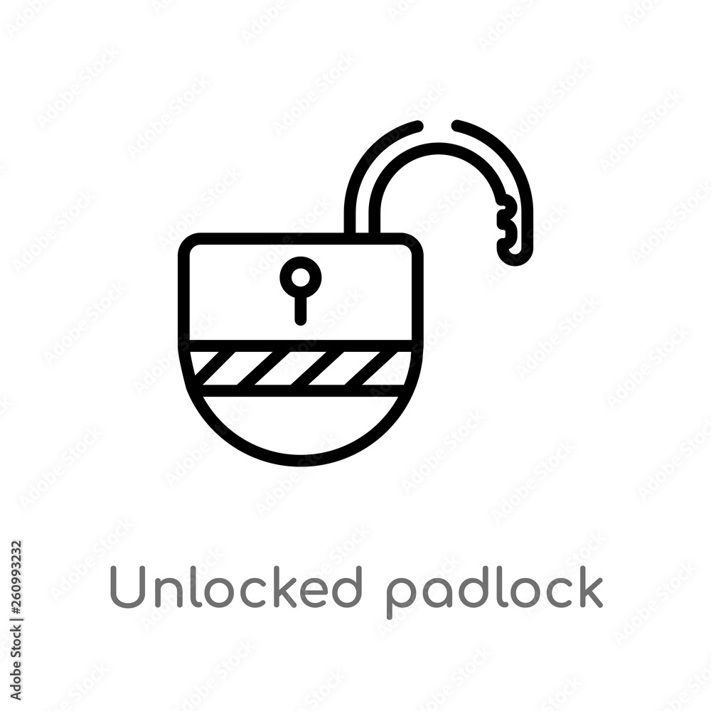Poster outline unlocked padlock vector icon. isolated black simple line element illustration from security 
