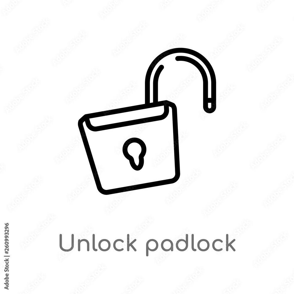 Poster outline unlock padlock vector icon. isolated black simple line element illustration from security co