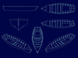 Set with a wireframe of a wooden boat from blue lines on a dark background. Vector illustration