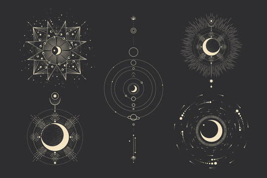 Vector illustration set of moon phases. Different stages of moonlight activity in vintage engraving style. Zodiac Signs