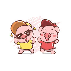 Obraz na płótnie Canvas two funky cute pig illustration