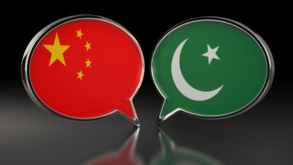 China and Pakistan flags with Speech Bubbles. 3D Illustration