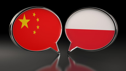 China and Poland flags with Speech Bubbles. 3D Illustration
