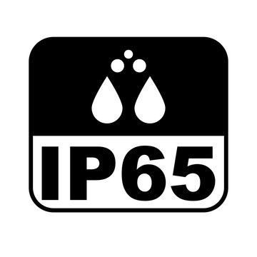 IP65 protection certificate standard icon. Water and dust or solids resistant protected symbol. Vector illustration.