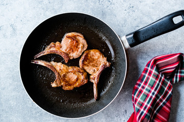 Fried Lamb Chops in Pan. Grilled and Sauteed