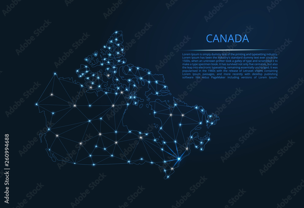 Poster the map of the network of the canada. vector low-poly image of a global map with lights in the form 