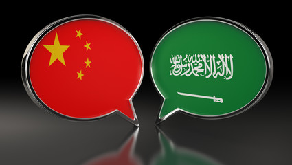 China and Saudi Arabia flags with Speech Bubbles. 3D Illustration