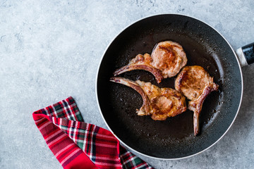 Fried Lamb Chops in Pan. Grilled and Sauteed