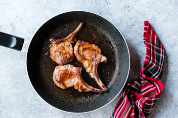 Fried Lamb Chops in Pan. Grilled and Sauteed