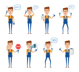 Set of auto mechanic characters posing in different situations. Cheerful worker talking to phone, surprised, thinking, angry, holding document, stop sign, loudspeaker. Flat style vector illustration