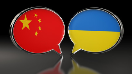 China and Ukraine flags with Speech Bubbles. 3D Illustration