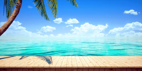 Closeup of colorful seaside wooden platform background, front view (High-resolution 3D CG rendering illustration)