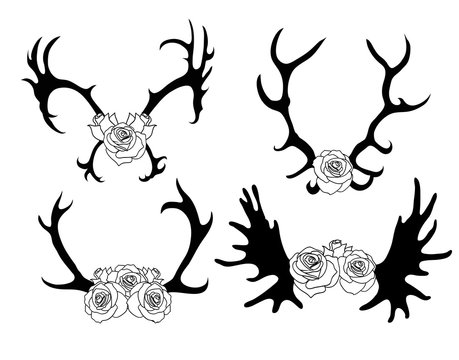 Set of black and white silhouettes of deer and elk horns with flowers. The object is separate from the background. Vector element for scrapbooking, invitations and your design