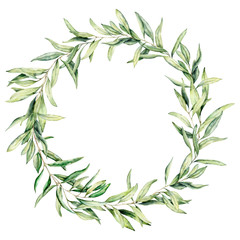 Watercolor wreath with olive leaves. Hand painted floral border with olive fruit and tree branches with leaves isolated on white background. For design, print and fabric.