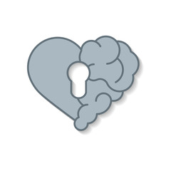 Emotional brain lock security. Broken Heart and Brain with key hall vector flat modern icon logo vector design. Interaction between soul key for intelligence, emotions, 