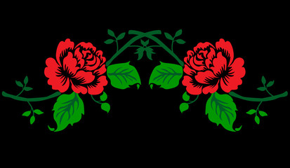 Embroidery colorful floral pattern with red roses. Vector traditional folk fashion ornament on black background.