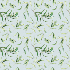 Watercolor seamless pattern with olive leaves and branches. Hand painted botanical illustration isolated on pastel blue background for design, print, fabric or background.