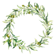 Watercolor wreath with green olive berries and leaves. Hand painted floral border with olive fruit and tree branches with leaves isolatedon white background. For design, print and fabric. © yuliya_derbisheva