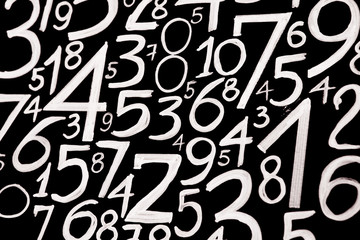 Background of numbers. from zero to nine. Numbers texture. Currency symbols. Numerology. Mathematical equations and formulas
