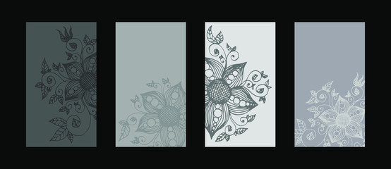 Set of vertical stories backgrounds for social networks with hand drawn flowers. Banner backdrop vector illustration