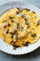 Omelette with Meat Kavurma for Turkish Breakfast.