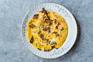 Omelette with Meat Kavurma for Turkish Breakfast.