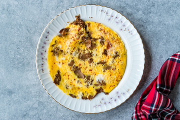 Omelette with Meat Kavurma for Turkish Breakfast.