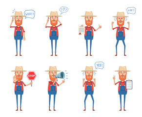 Set of old farmer characters posing in different situations. Cheerful farmer talking on the phone, thinking, surprised, angry, holding stop sign, loudspeaker, document. Flat style vector illustration