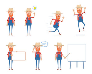 Set of old farmer characters posing in different situations. Cheerful farmer talking on the phone, pointing up, running, jumping, holding banner, pointing to whiteboard. Flat style vector illustration