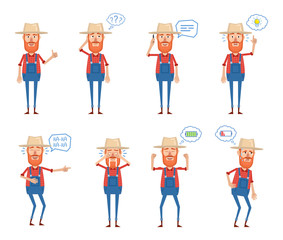 Set of old farmer characters posing in different situations. Cheerful farmer talking on phone, thinking, pointing up, laughing, crying, tired, full of energy. Simple style vector illustration