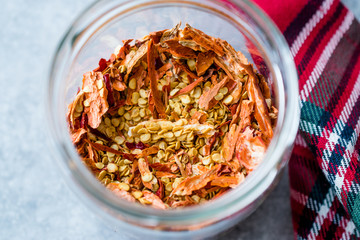 Dried Chili Pepper Flakes and Seeds in Glass Bowl.