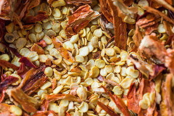 Red Hot Dried Chili Pepper Flakes and Seeds.