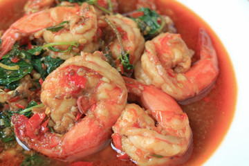 Closed Up Thai Style Spicy Prawns Stir Fried with Holy Basil Called Pad Grapao Goong 