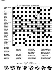 Puzzle page with two puzzles: 19x19 criss-cross (kriss-kross, fill in the blanks) crossword word game (English language) and abstract visual puzzle. Black and white, A4 or Letter sized.