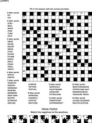 Puzzle page with two puzzles: 19x19 criss-cross (kriss-kross, fill in the blanks) crossword word game (English language) and abstract visual puzzle. Black and white, A4 or Letter sized.