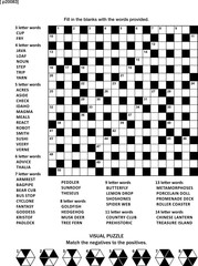 Puzzle page with two puzzles: 19x19 criss-cross (kriss-kross, fill in the blanks) crossword word game (English language) and abstract visual puzzle. Black and white, A4 or Letter sized.