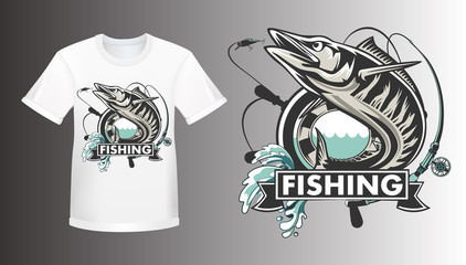 Wahoo fish shirt mockup. Fishing logo vector. Acanthocybium solandri. Scombrid fish jumping up fishing emblem on white background.