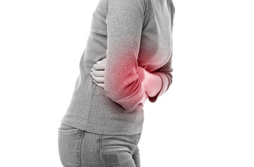 Figure of a woman in pain in the body on a white background.