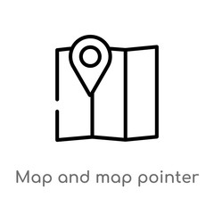 outline map and map pointer vector icon. isolated black simple line element illustration from signs concept. editable vector stroke map and pointer icon on white background