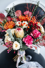 Bridal wedding bouquet on tha arm chair