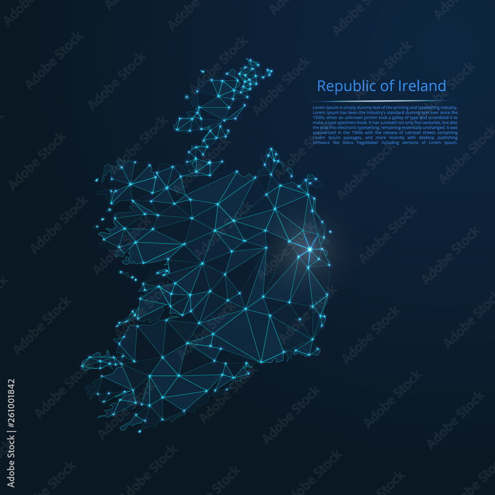 Poster republic of ireland communication network map. vector low poly image of a global map with lights in 